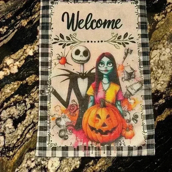 The Nightmare Before Christmas Welcome Halloween Garden Flag Beige Black - Picture 2 of 7